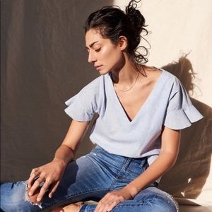 Madewell Sundrift Ruffle V Neck Blouse, Blue Size Small